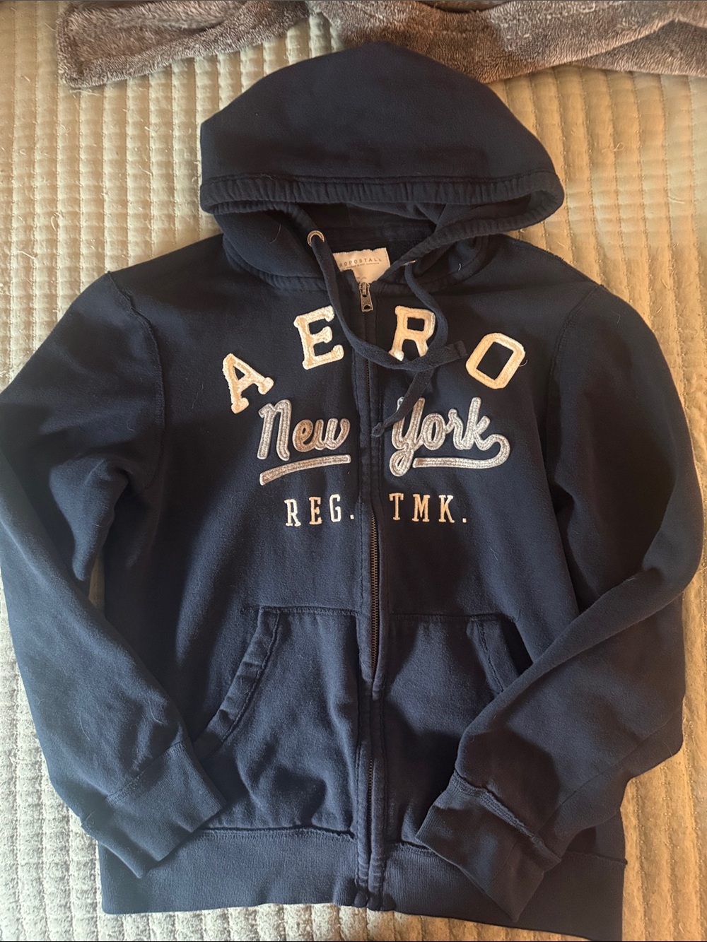 Aeropostale Navy Blue Zip-Up Hoodie with White Script